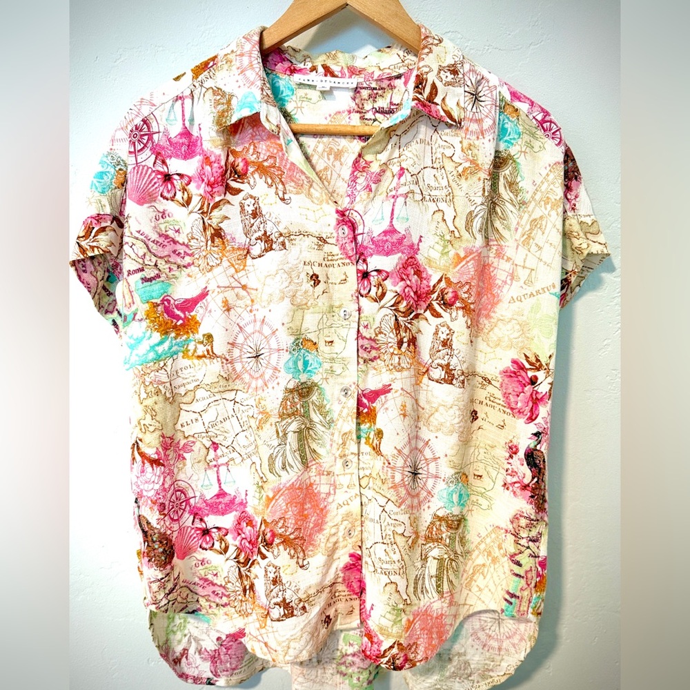 Jane and Delancey Pink and Teal Map Print Button-Down Shirt Ladies Size Meduim